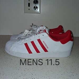 SIZE 11.5 - ADIDAS SUPERSTAR, WHITE/ VIVID RED. BRAND NEW NO BOX.